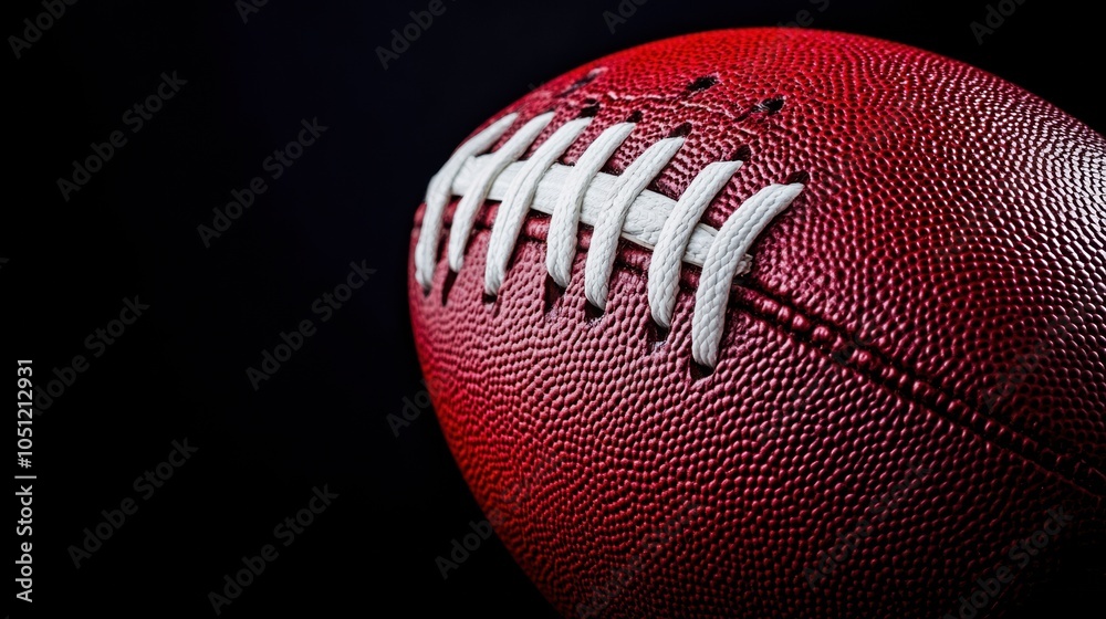 Close-up of a textured red football with white laces, set against a dark background highlighting the details. Close-up of a textured red football with white laces, set against a dark background highlighting the details.