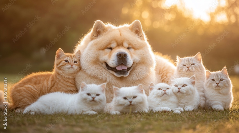 majestic chow chow dog surrounded by playful persian cats, contrasting fur lengths, golden hour glow, shallow depth of field, heartwarming animal friendship scene majestic chow chow dog surrounded by playful persian cats, contrasting fur lengths, golden hour glow, shallow depth of field, heartwarming animal friendship scene