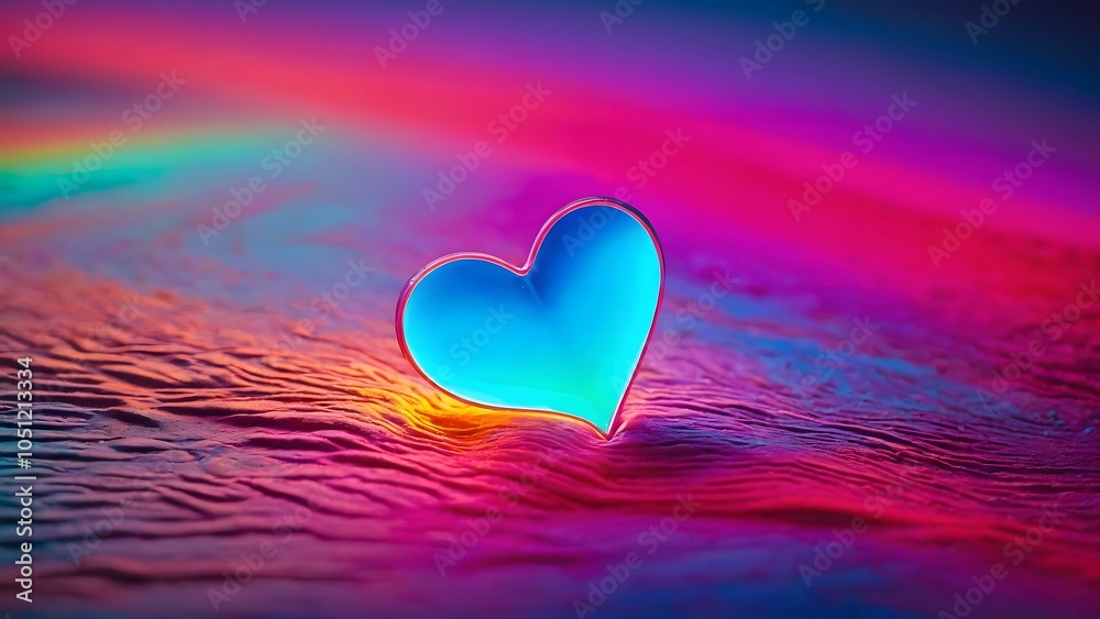 Fototapeta premium A Vibrant Heart Shape Floats on Colorful Water Reflecting Rainbow Hues at Twilight