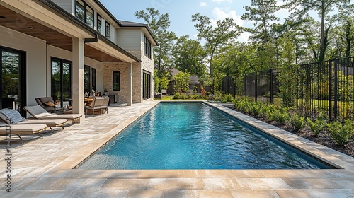 newly built rectangular swimming pool with tan concrete edges in fenced backyard.illustration
