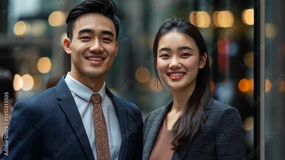 friendly smiling young Thai man and woman wearing business attire with modern metropolis building and bokeh light background friendly smiling young Thai man and woman wearing business attire with modern metropolis building and bokeh light background