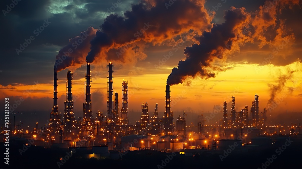 night view of oil refineries with billowing smoke, creating an industrial yet atmospheric scene.image night view of oil refineries with billowing smoke, creating an industrial yet atmospheric scene.image