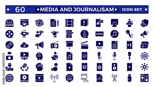 Journalism and mass media solid    icon set. Vector illustration. Containing  microphone, journalist, press conference, newspaper social networks, public communication, and networking. 