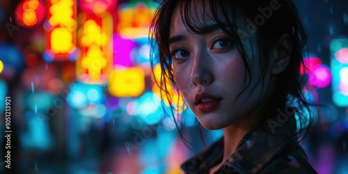 Cinematic Night Portrait of Woman with Neon Lights and Rainy Streets"