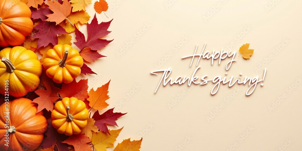 Fototapeta premium Happy Thanksgiving, Autumn Leaves and Pumpkins with the text (Happy Thanksgiving) on a clean background on the other side.