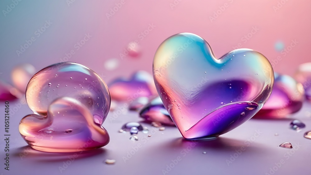 Colorful Glass Hearts Scattered on a Surface With Droplets Reflecting Soft Light in a Serene Setting