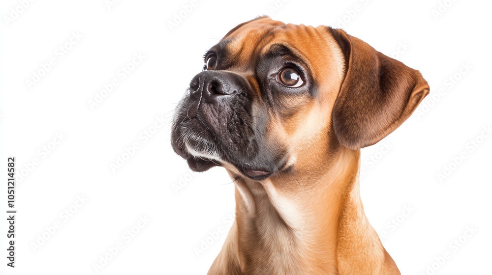 A close-up view of a curious boxer dog, showcasing its expressive face and striking features against a white background. A close-up view of a curious boxer dog, showcasing its expressive face and striking features against a white background.