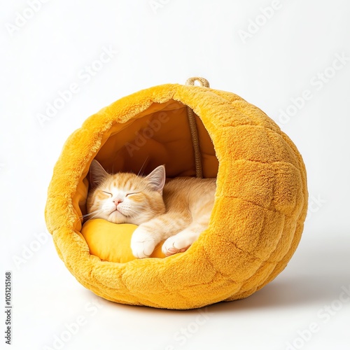 A ginger cat sleeps soundly in a cozy yellow  pet bed. photo