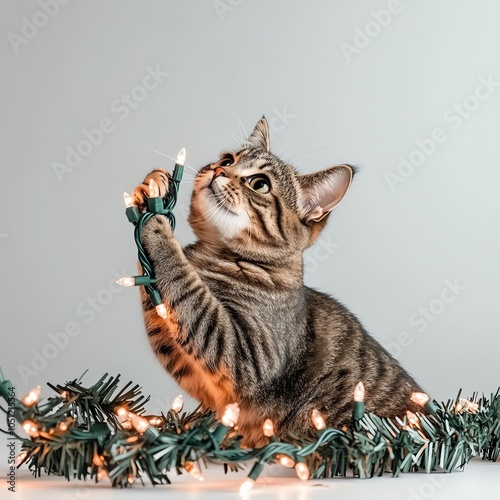 A playful tabby cat interacts with string lights, showcasing its curiosity and playful spirit against a neutral backdrop. photo