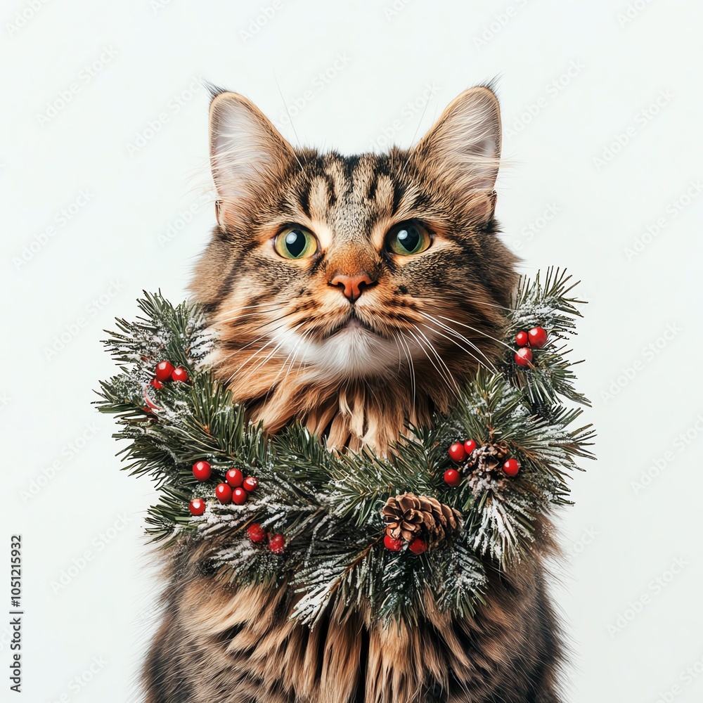 A tabby cat with green eyes wearing a Christmas wreath. A tabby cat with green eyes wearing a Christmas wreath.