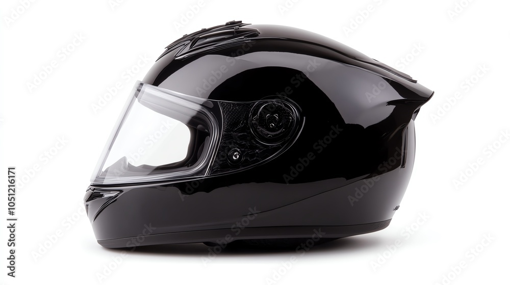 Black motorcycle helmet, side view, white isolated background. Black motorcycle helmet, side view, white isolated background.