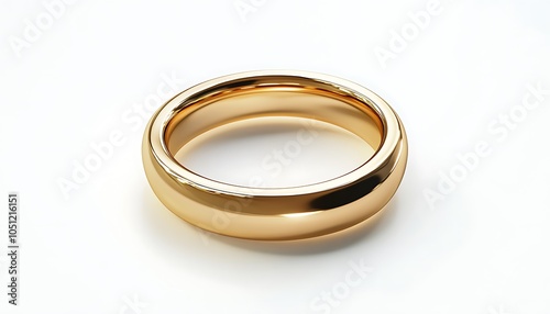 A shiny gold wedding band displayed on a white background.