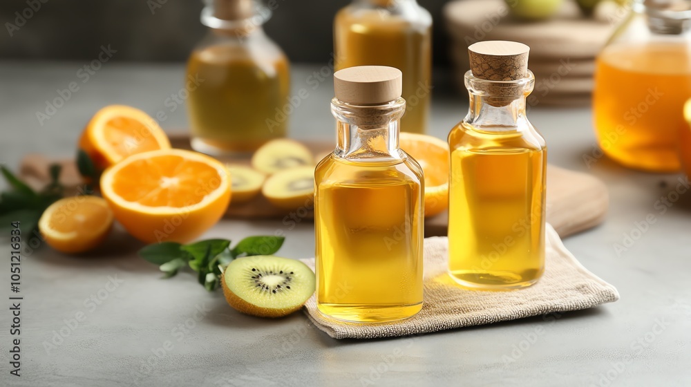 Bottles of flavored oil with fresh citrus fruits, rustic setting. Bottles of flavored oil with fresh citrus fruits, rustic setting.