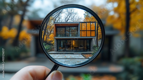 person holds magnifying glass to closely examine their house, focusing on its design and architectural details.illustration