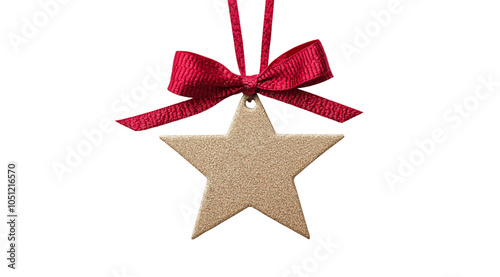 Beige glitter star shaped gift tag with red bow, created with Generative AI technology, PNG