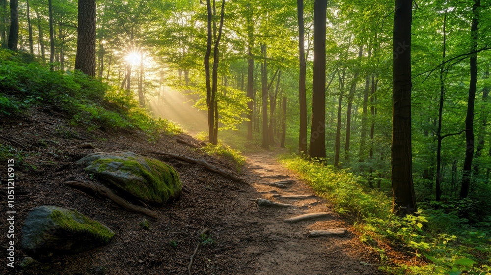 Obraz premium Serene forest pathway illuminated by soft sunlight, surrounded by lush green trees and rocks.