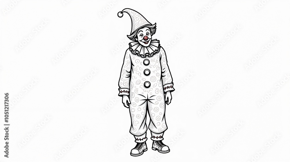 Fototapeta premium Cartoon clown character, cheerful and playful, in a simple outline design over a white background