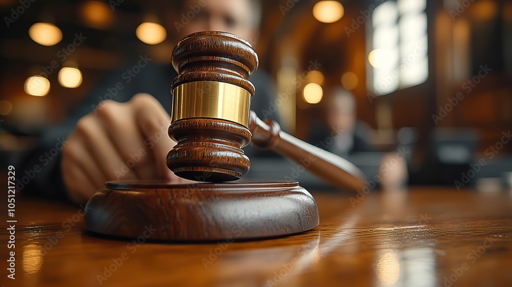 person sitting at desk with their hand on gavel, with blurred background of an office setting. person sitting at desk with their hand on gavel, with blurred background of an office setting.
