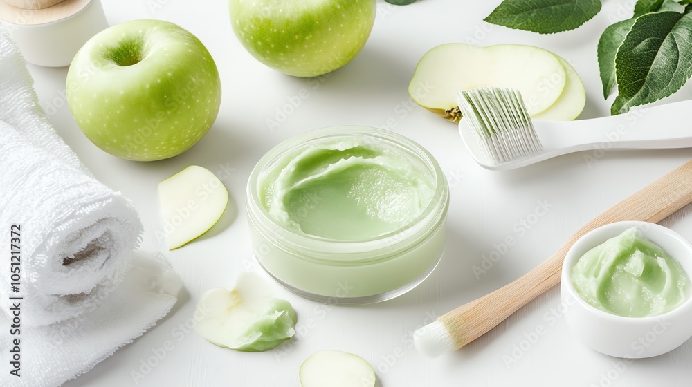 Fresh green apple skincare products on a white background. Fresh green apple skincare products on a white background.