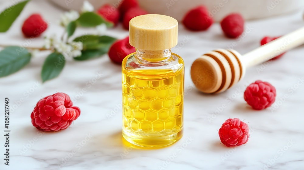 Honey jar with raspberries and honey dipper on marble surface. Honey jar with raspberries and honey dipper on marble surface.