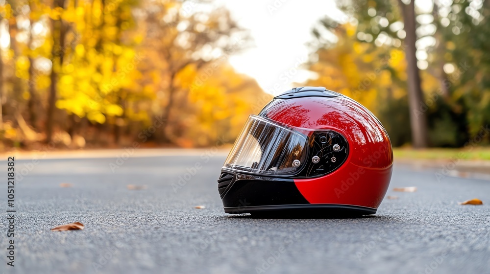 Fototapeta premium Red motorcycle helmet on a road with autumn foliage.
