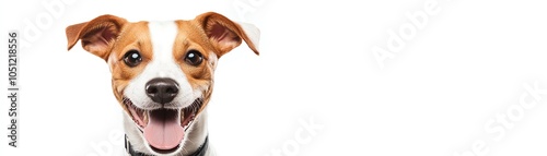 Smiling dog with brown and white fur.