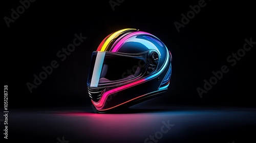 Stylish motorcycle helmet with neon lights, black background photo