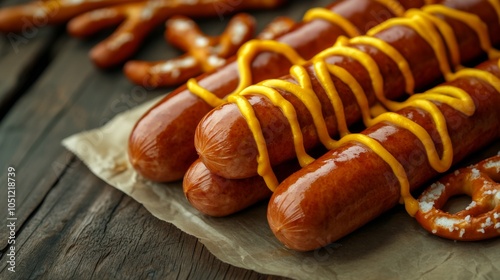 Sausages with Mustard and Pretzels in Natural Light