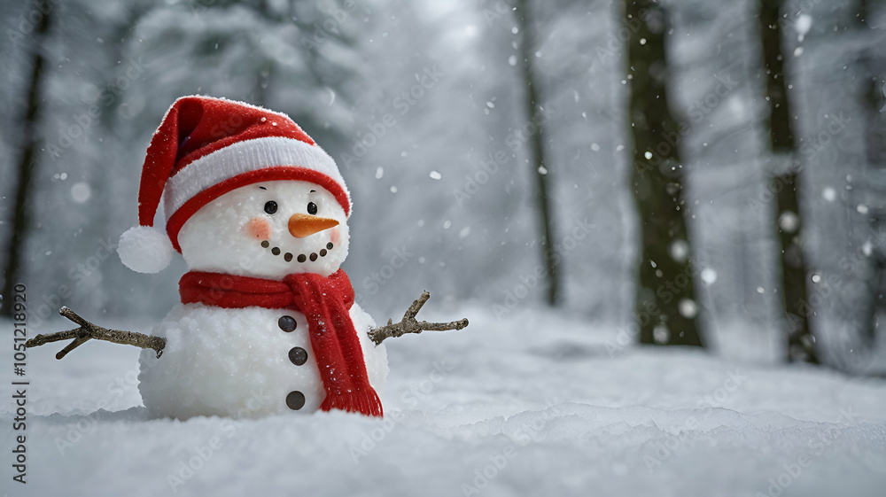 Fototapeta premium a beautiful Happy snowman wearing Santa hat in snowy season