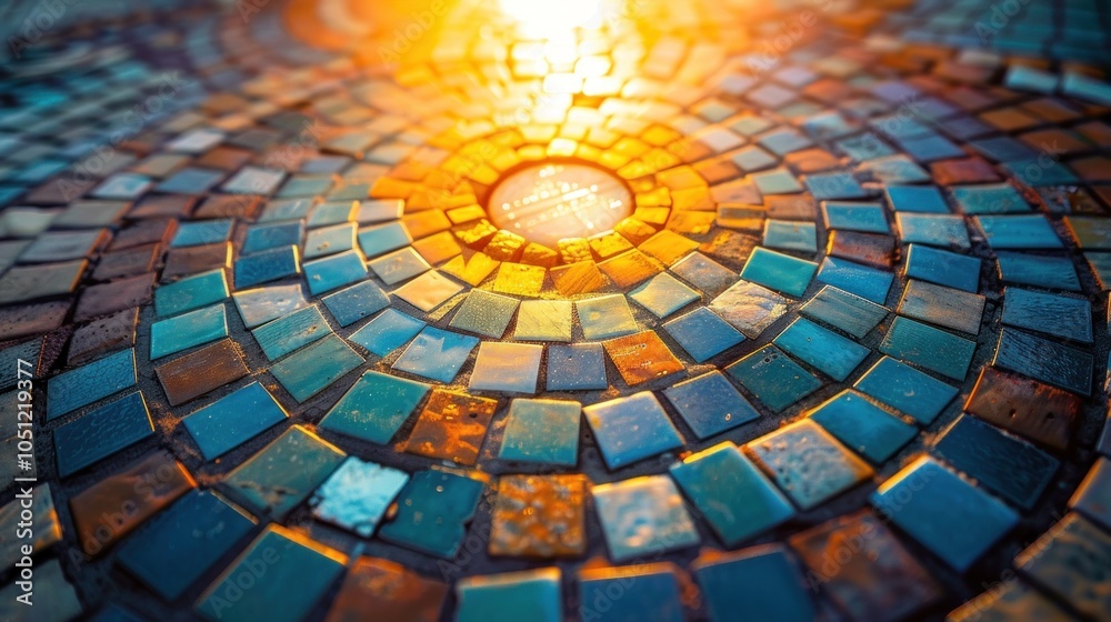 Fototapeta premium Colorful mosaic tile floor with sunlight shining through.