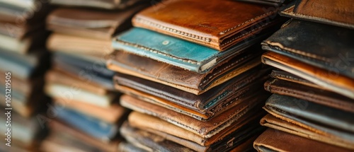 A collection of assorted vintage leather wallets stacked together, showcasing rich textures and colors.