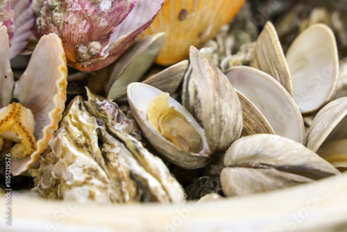 Korean Seafood Food. Steamed oysters and clams photo