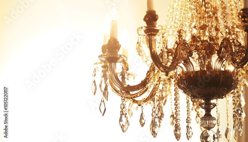 A close-up of an elegant chandelier adorned with crystals, illuminated by soft light.