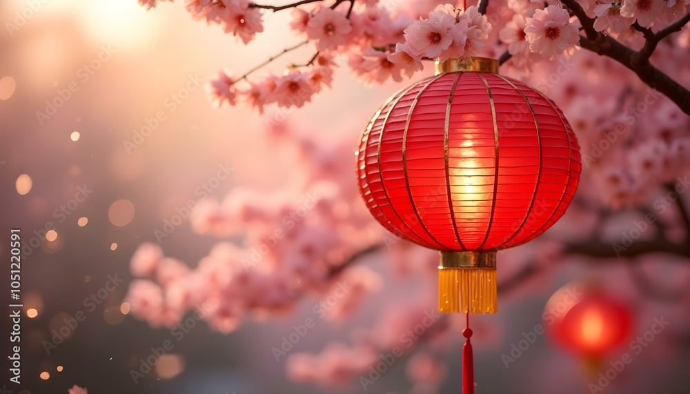 Fototapeta premium Chinese lanterns and cherry blossom tree in spring
