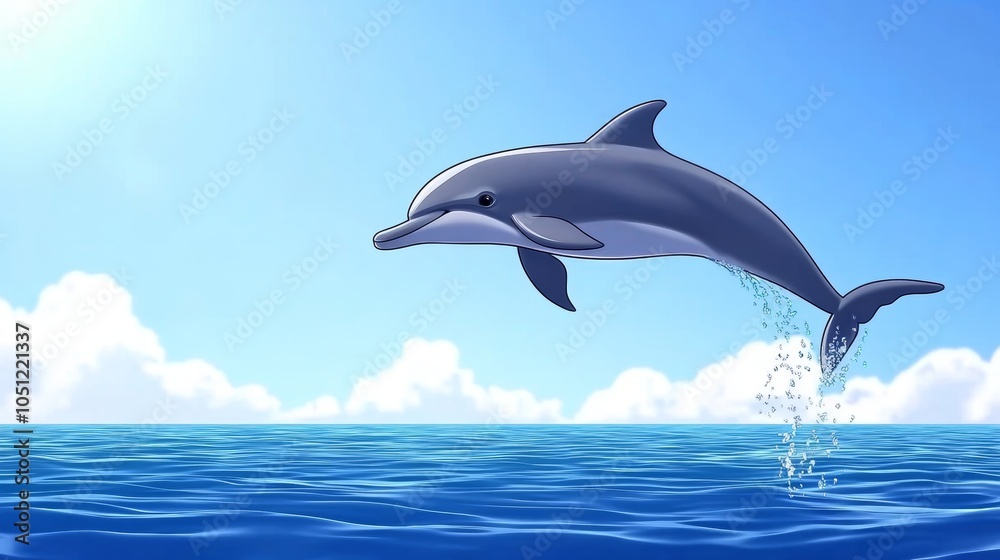 Fototapeta premium Dolphin Leaping from Ocean with Blue Sky and Clouds