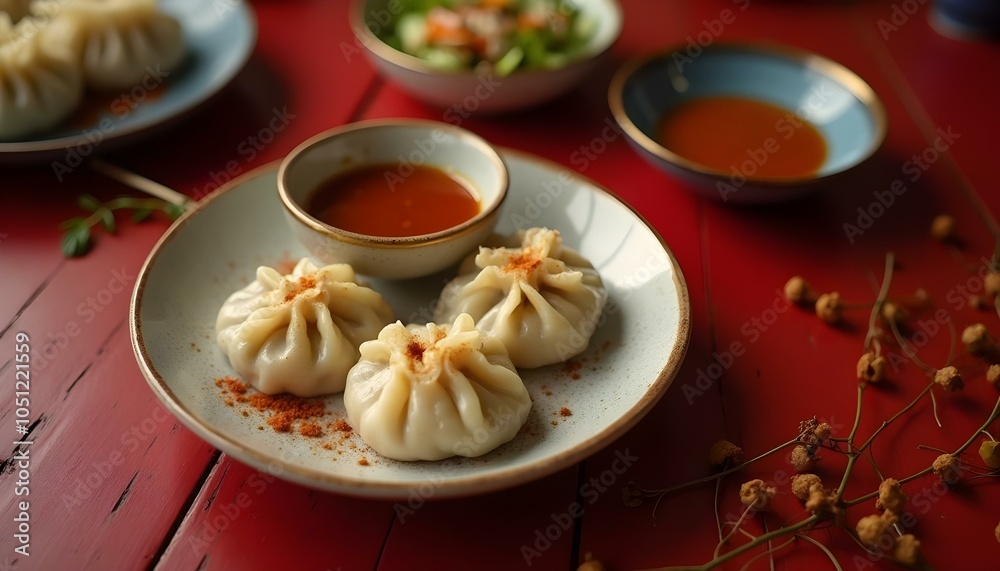 Chinese dishes dumplings on a plate with spicy sauce and herbs Chinese dishes dumplings on a plate with spicy sauce and herbs
