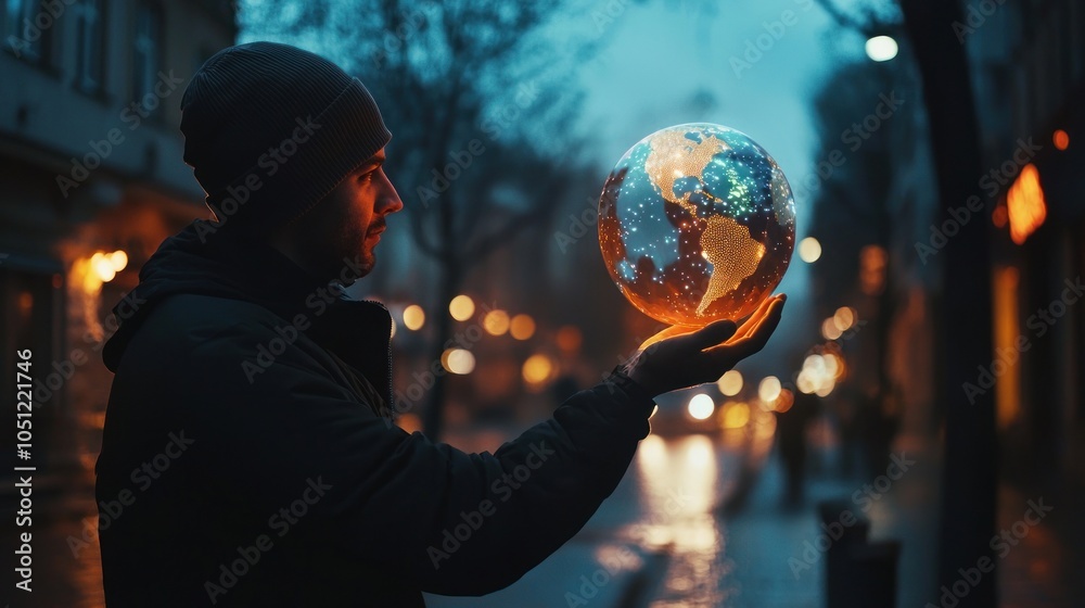 Fototapeta premium A man is holding up his phone, and the Earth globe with glowing lights inside it appears in front of him, surrounded by holographic images of buildings and cars on city streets. The scene has an atmos