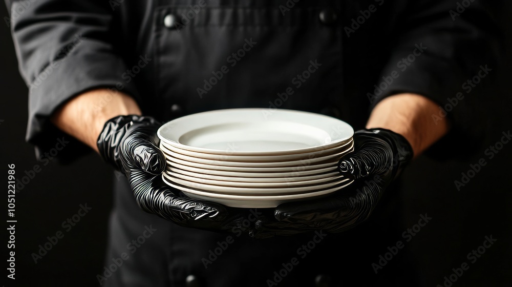 Cook in dark uniform holds white plates. Cook in dark uniform holds white plates.