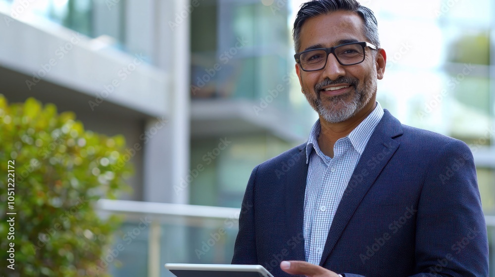 Fototapeta premium Focused successful mature Indian or Latin entrepreneur businessman holding digital pc tablet standing outdoor at business office building. Hispanic smiling man in suit working using touchpad computer
