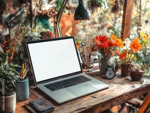 Laptop with a blank screen on a white background, ready for showcasing website designs or digital artwork photo