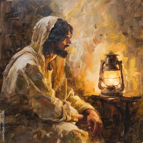 Jesus Sitting by Lantern in Artistic Oil Painting. Religious and spiritual concepts.