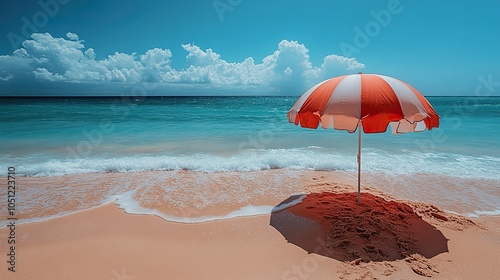 red-and-white beach umbrell on the sand, with the beach in the background.image photo