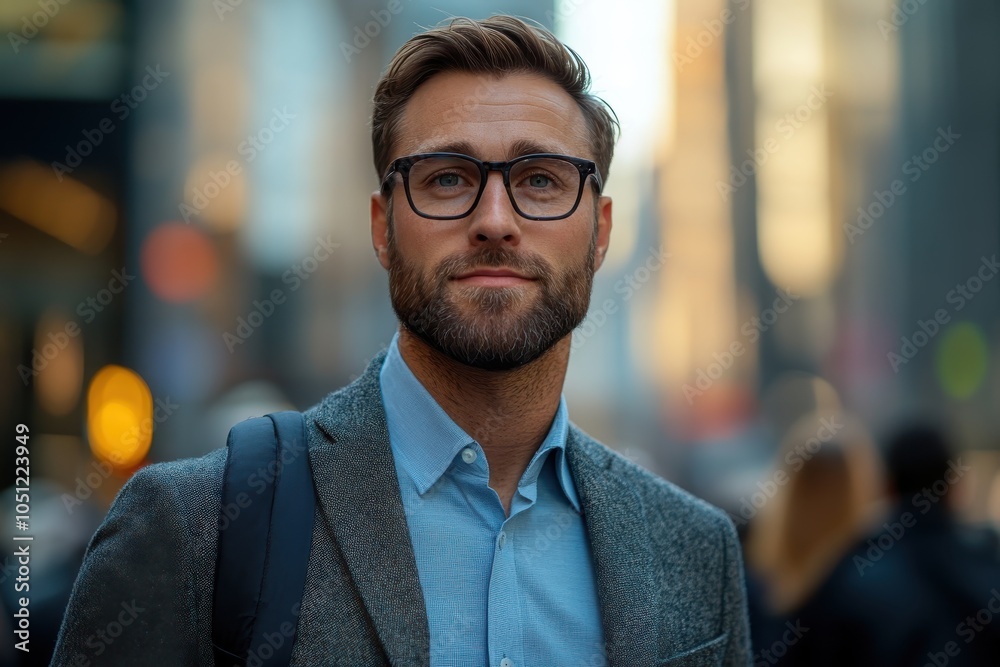 Obraz premium Confident man in a suit, glasses, standing in a busy city street, smile.