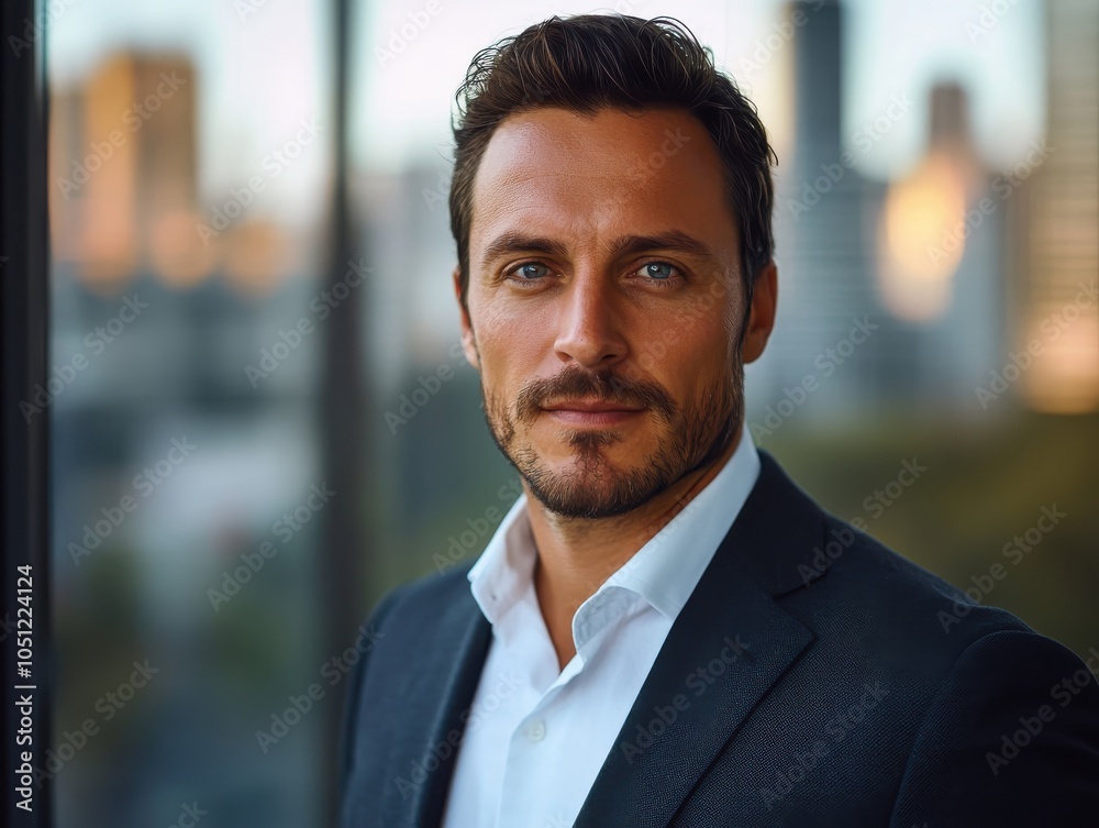 Fototapeta premium Confident man in a suit with cityscape background, professional portrait.