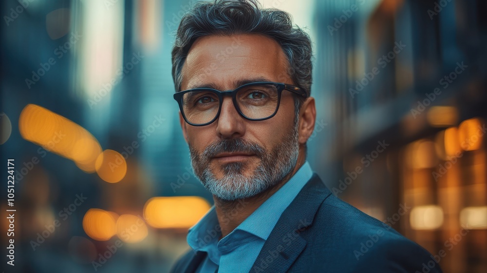 Fototapeta premium Confident man in a suit with glasses, urban setting, professional portrait.