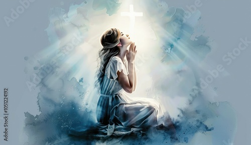 Serene watercolor painting of a woman contemplating under the cross in the sky.