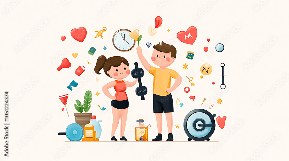 vibrant illustration of personal trainer and client, showcasing fitness and wellness. They stand confidently with gym equipment and motivational symbols around them, embodying healthy lifestyle vibrant illustration of personal trainer and client, showcasing fitness and wellness. They stand confidently with gym equipment and motivational symbols around them, embodying healthy lifestyle
