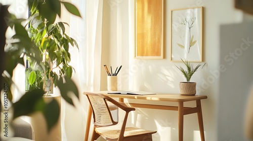 Cozy Home Office with Natural Light and Minimalist Decor Featuring Wooden Desk and Indoor Plants