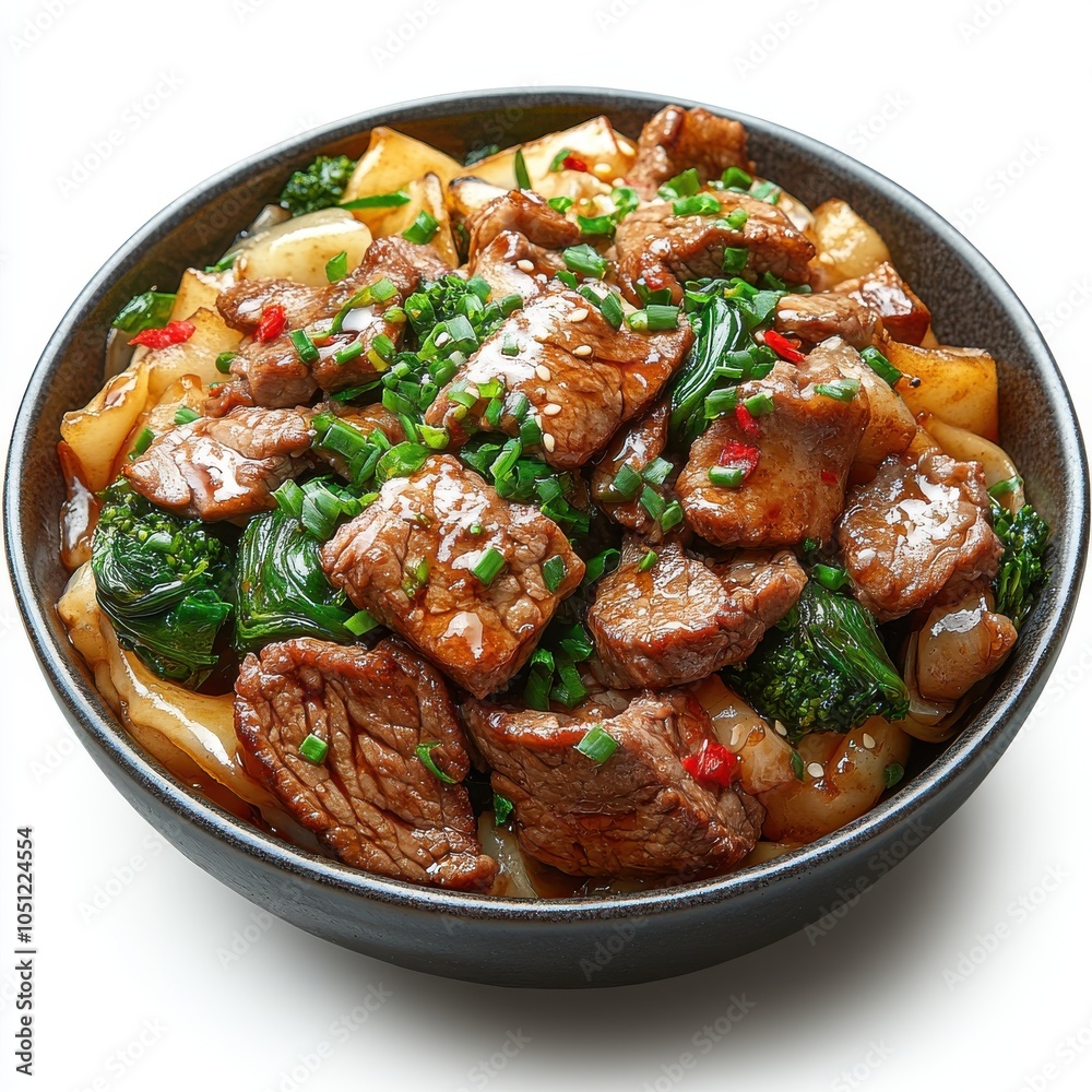 A bowl of beef stir fry with vegetables and noodles. Generative AI A bowl of beef stir fry with vegetables and noodles. Generative AI