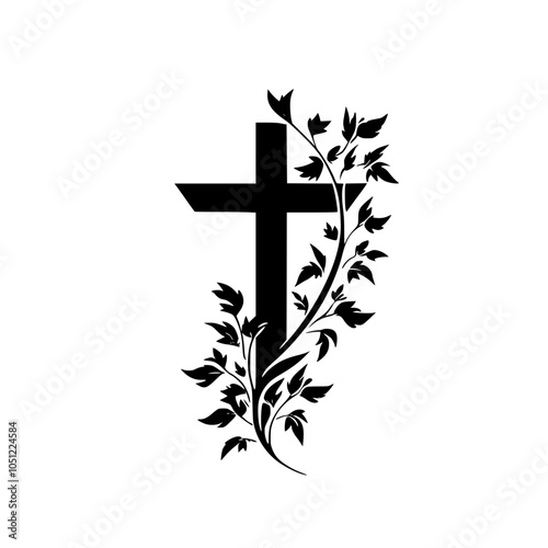 Black and white cross with floral design, Elegant black and white illustration of a Christian cross intertwined with decorative leaves, symbolizing faith and spirituality.

